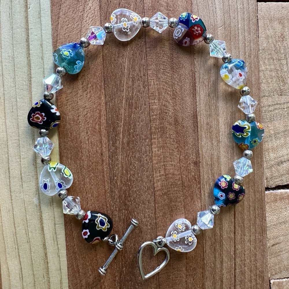 Vintage Heart Bead Bracelet 7.75 Inch Murano‎ Millefiori Glass Crystals Toggle
